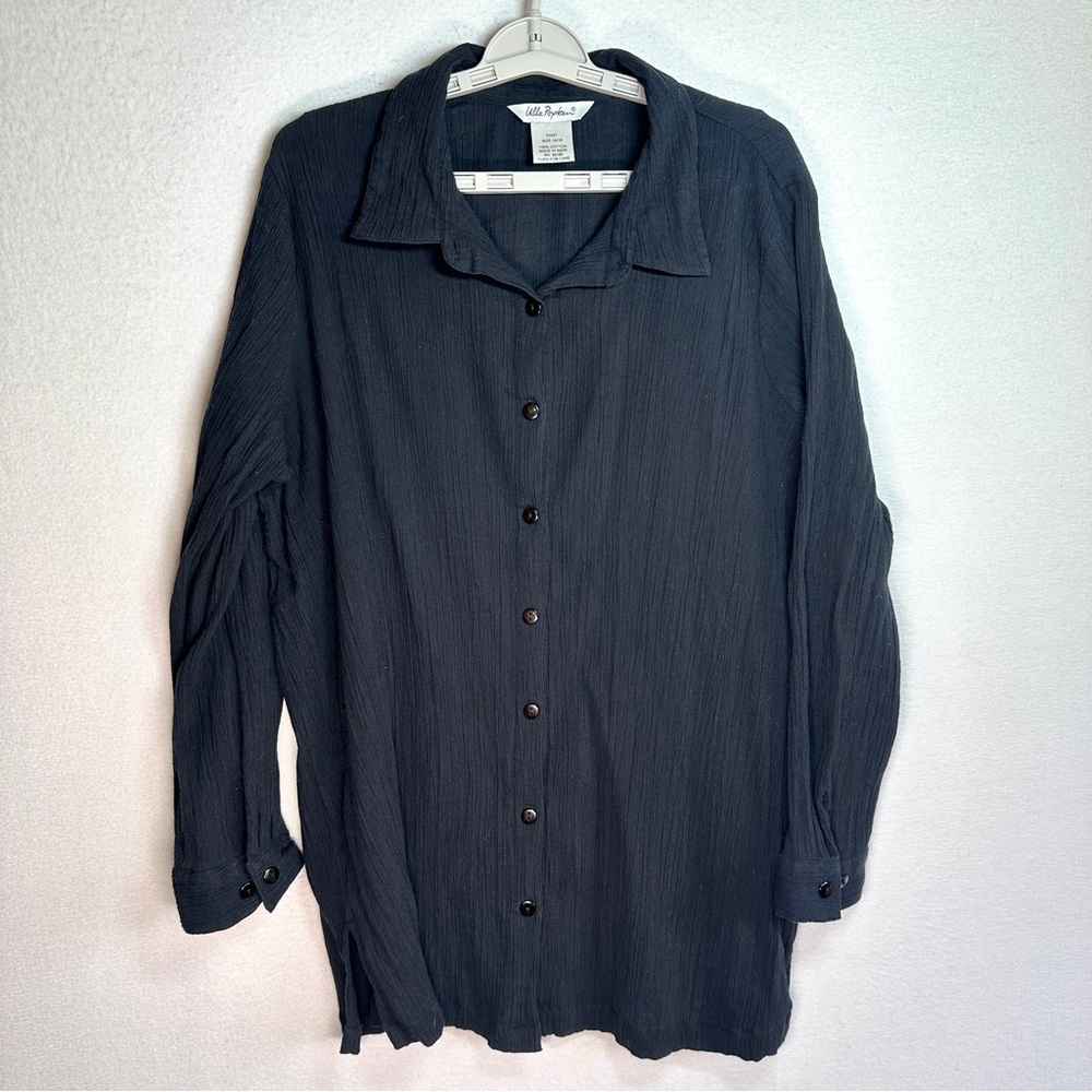 Ulla Popken Crinkle Top Women's 16/18 Black Gauze Long Sleeve Button Up Cotton